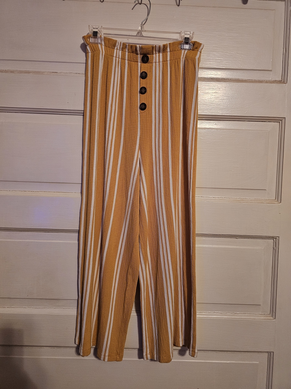 Love Tree Mustard Striped Wide-Leg Pants with Button Front